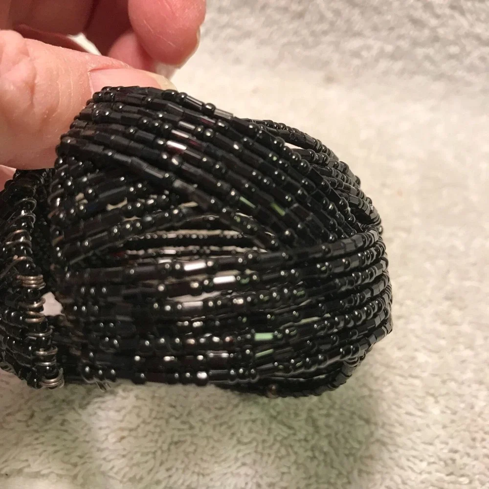 Handmade Black Beaded Bracelet - Stretchy Cuff With Intricate Design‎